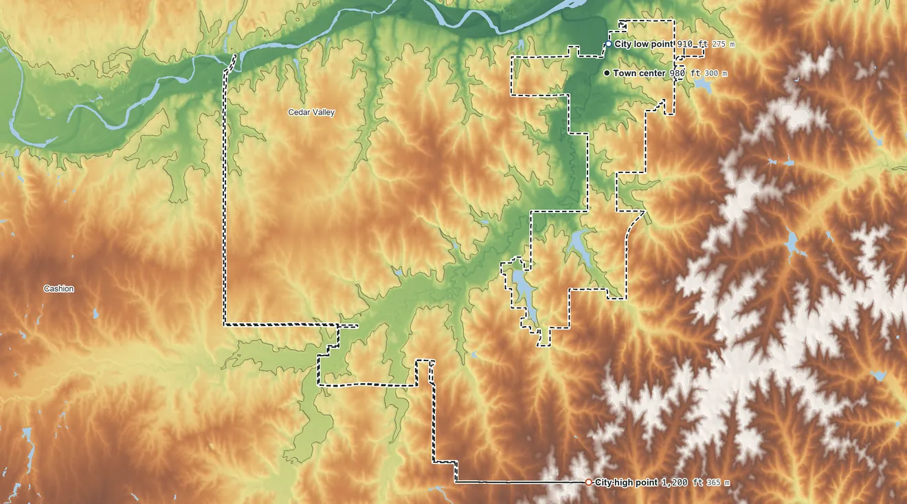 Topographic elevation map of Guthrie, Oklahoma, shaded from 910 ft near the middle to 1,200 ft on the south side
