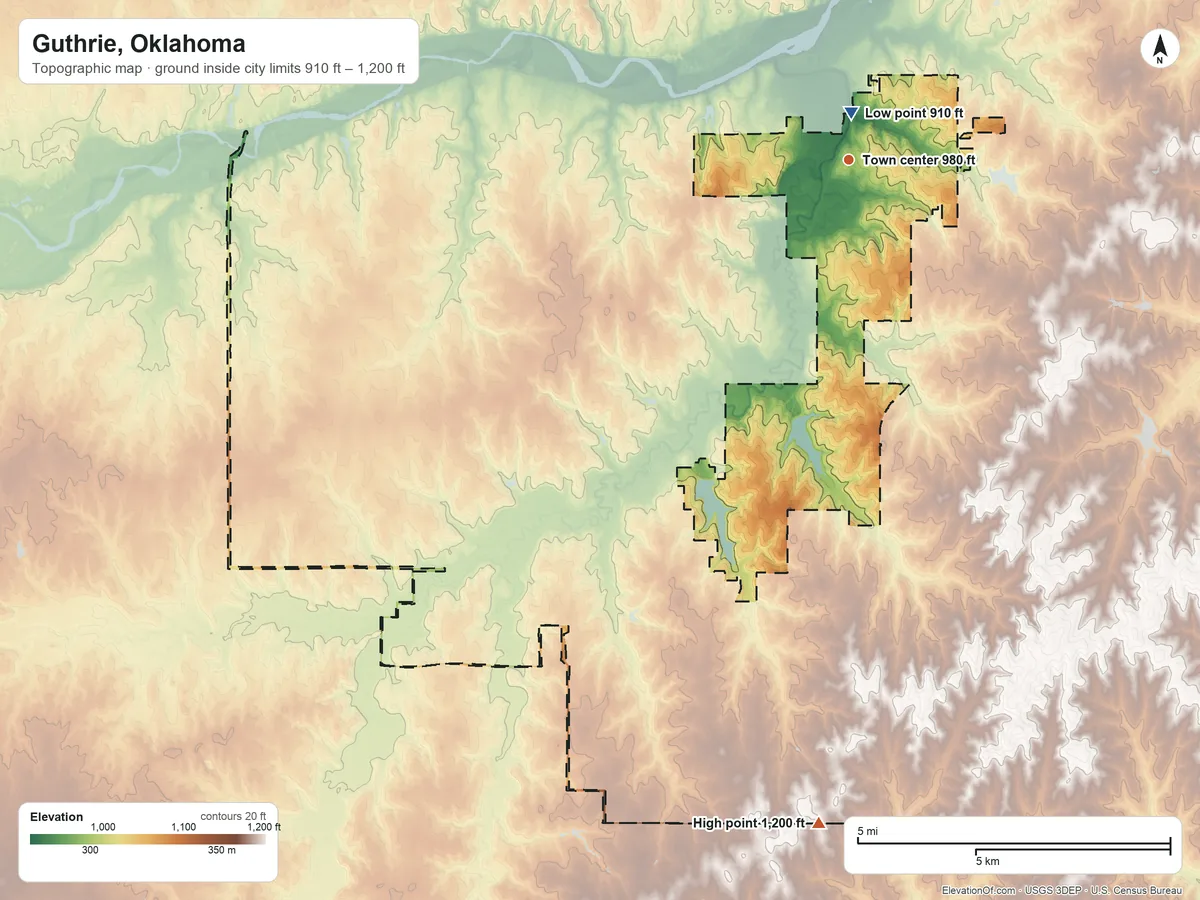 Topographic elevation map of Guthrie, Oklahoma, shaded from 910 ft near the middle to 1,200 ft on the south side