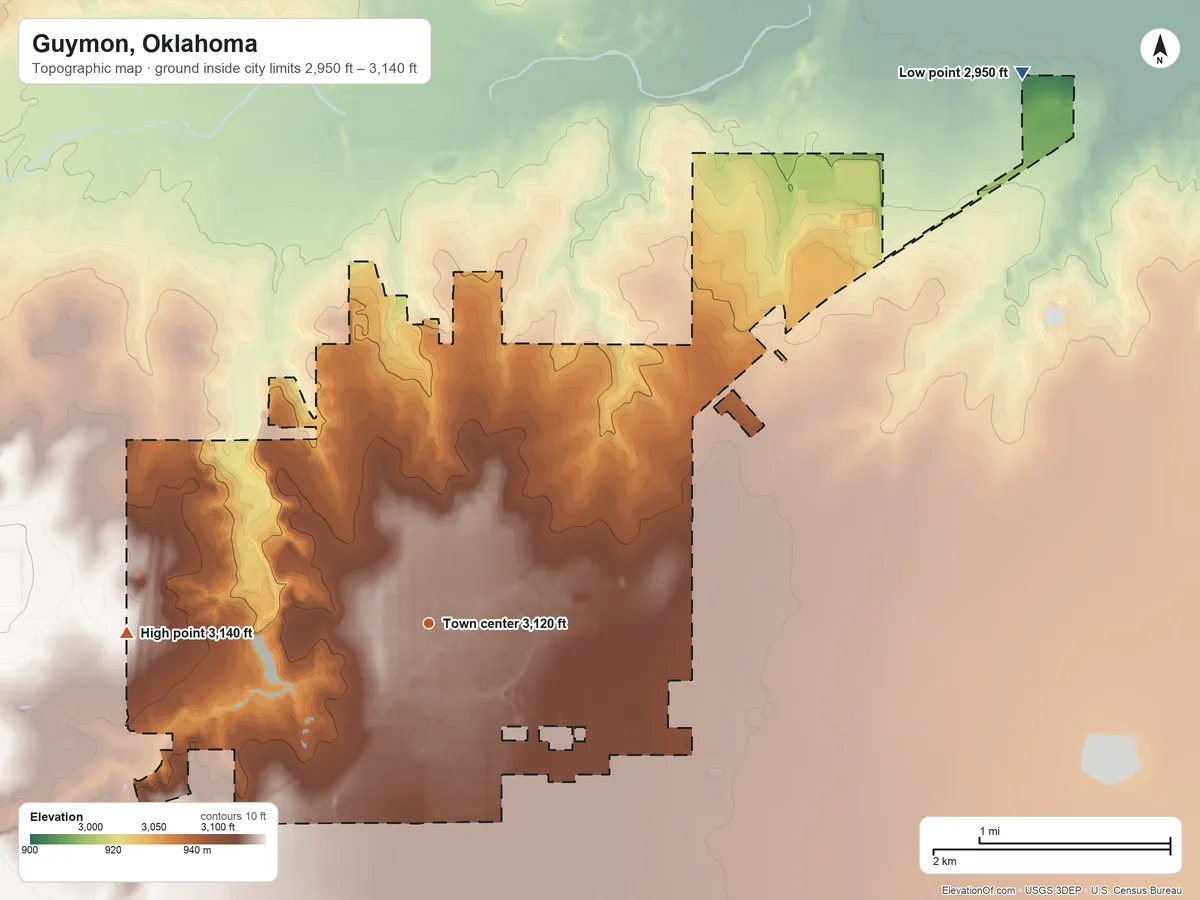 Topographic elevation map of Guymon, Oklahoma, shaded from 2,950 ft on the northeast side to 3,140 ft on the west side