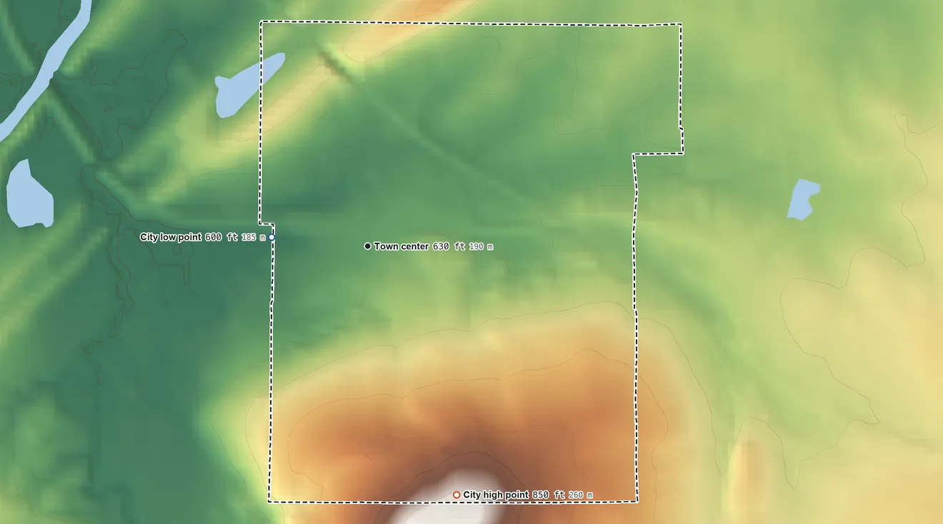 Topographic elevation map of Haileyville, Oklahoma, shaded from 600 ft on the west side to 850 ft on the south side