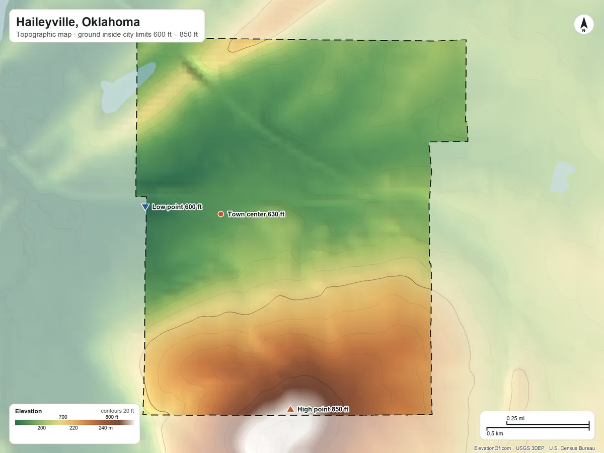 Topographic elevation map of Haileyville, Oklahoma, shaded from 600 ft on the west side to 850 ft on the south side