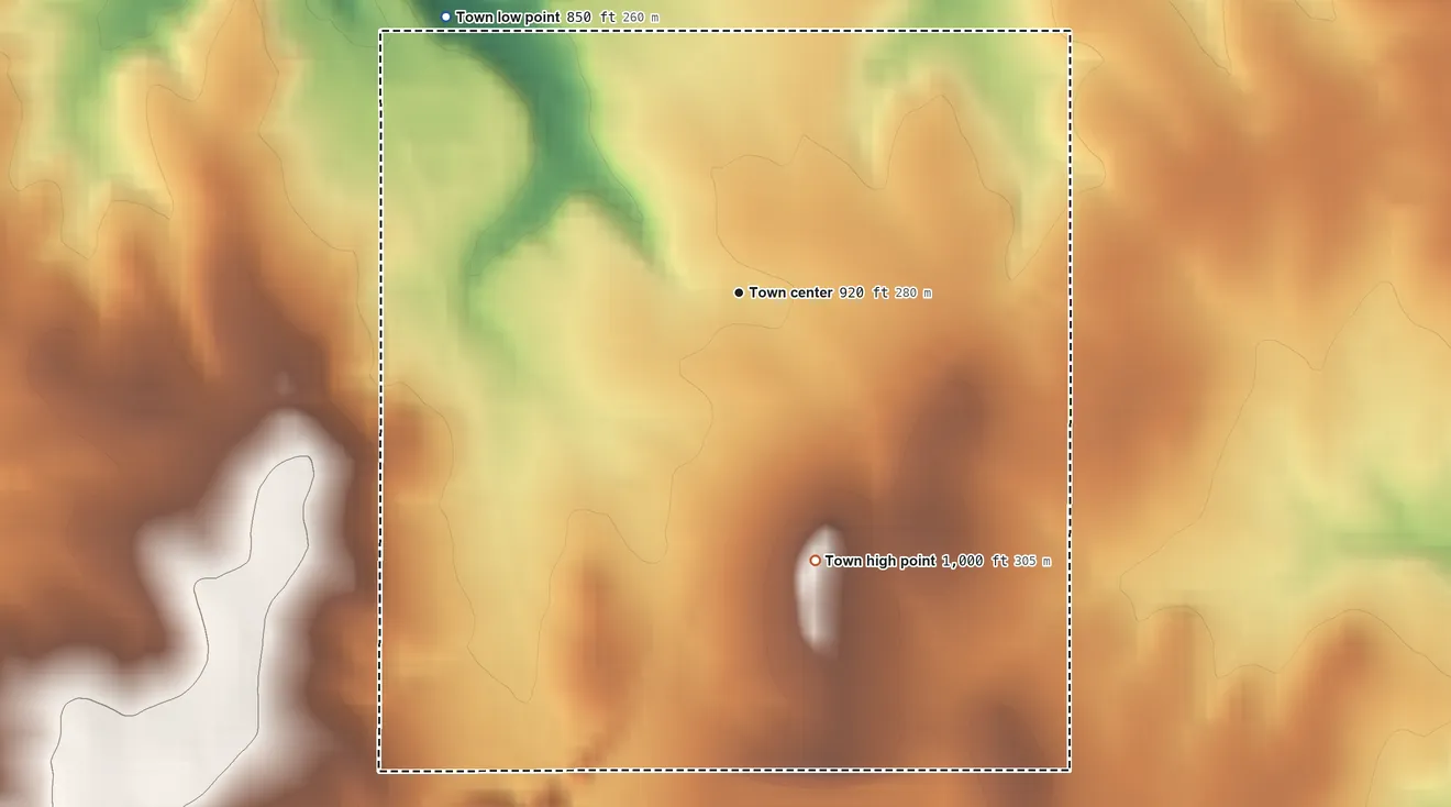 Topographic elevation map of Hallett, Oklahoma, shaded from 850 ft on the northwest side to 1,000 ft on the south side