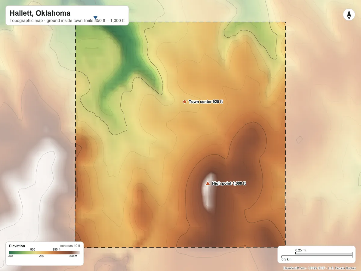 Topographic elevation map of Hallett, Oklahoma, shaded from 850 ft on the northwest side to 1,000 ft on the south side