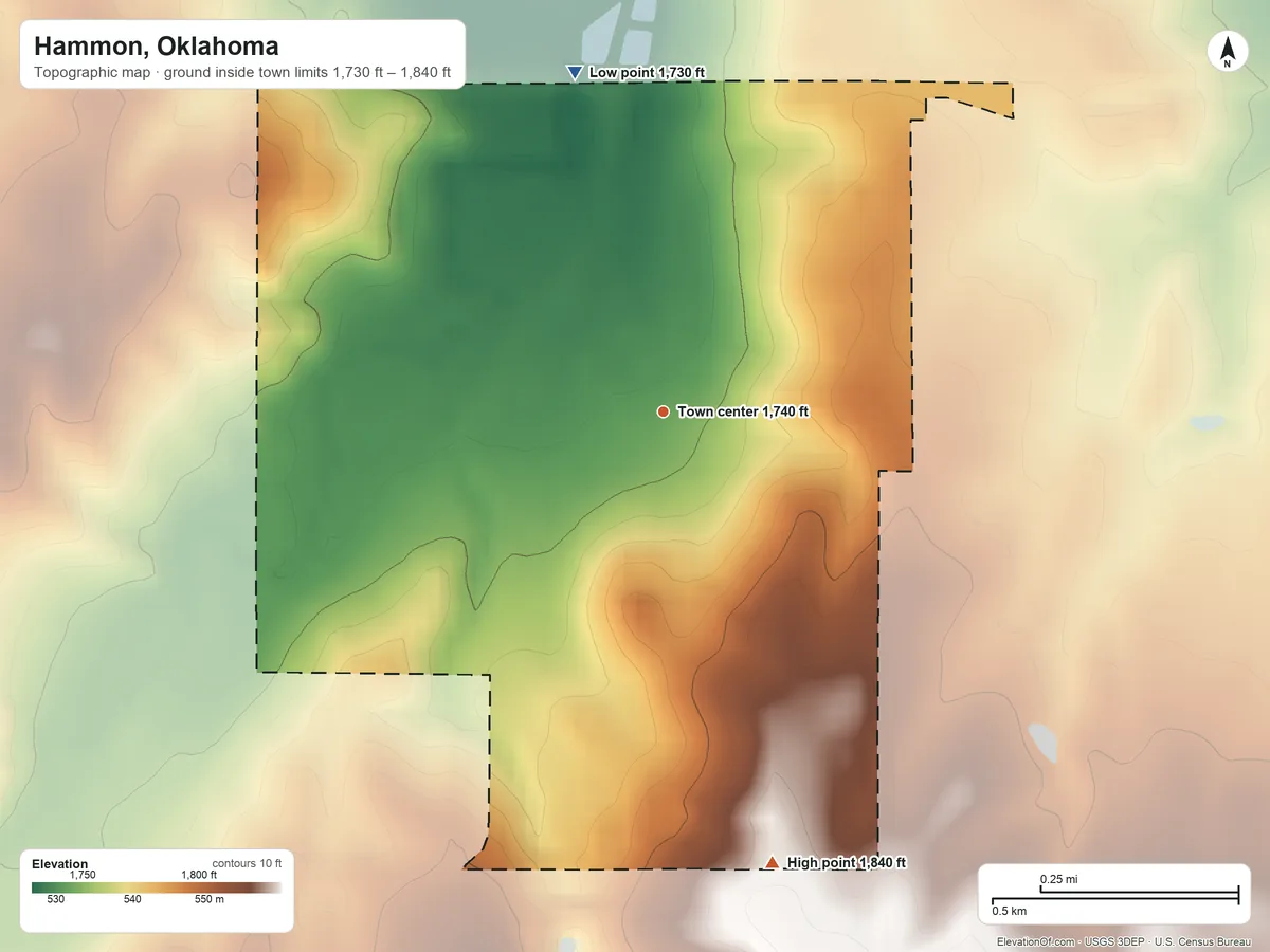 Topographic elevation map of Hammon, Oklahoma, shaded from 1,730 ft on the north side to 1,840 ft on the south side