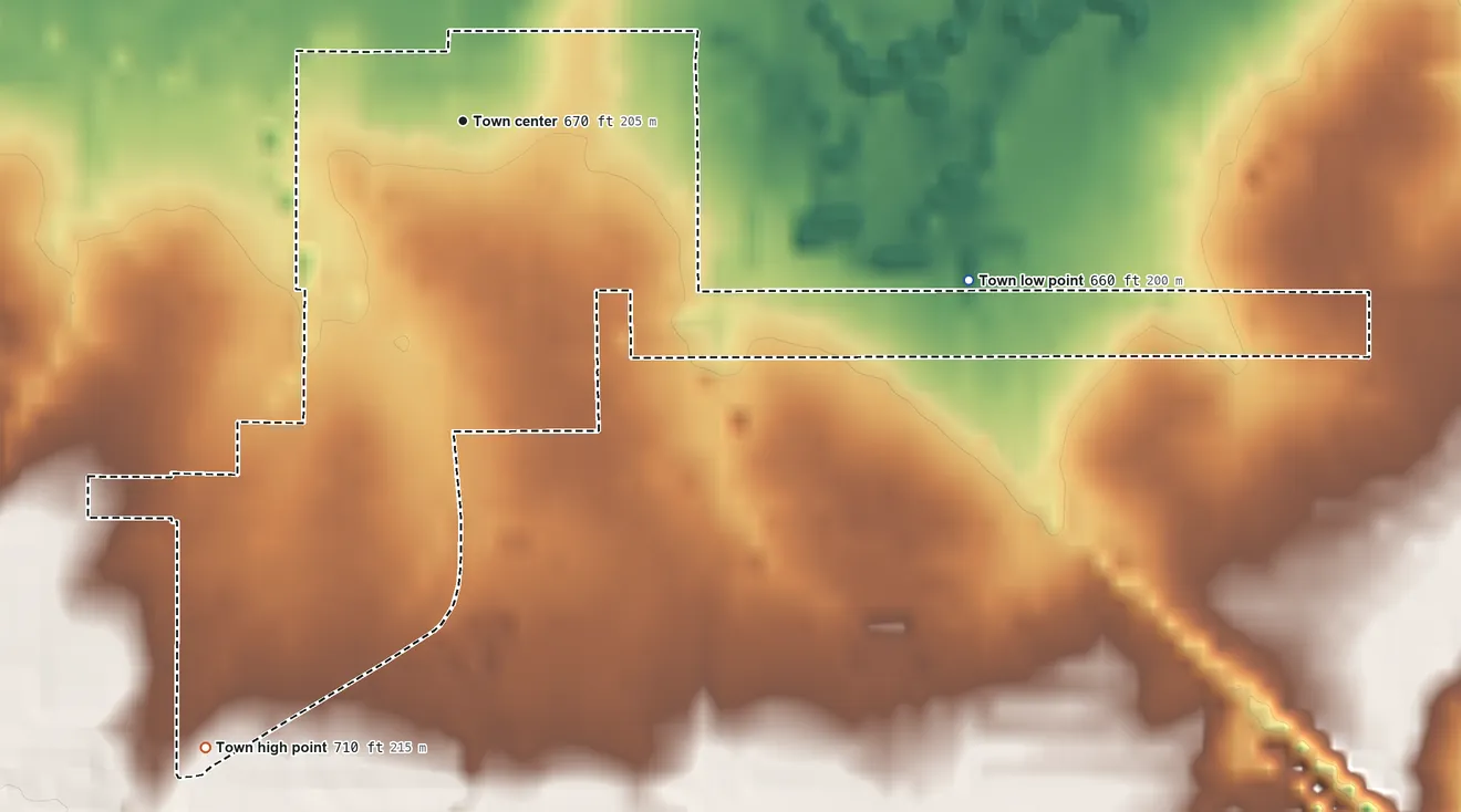 Topographic elevation map of Hanna, Oklahoma, shaded from 660 ft on the east side to 710 ft on the south side