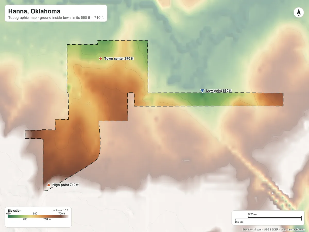 Topographic elevation map of Hanna, Oklahoma, shaded from 660 ft on the east side to 710 ft on the south side