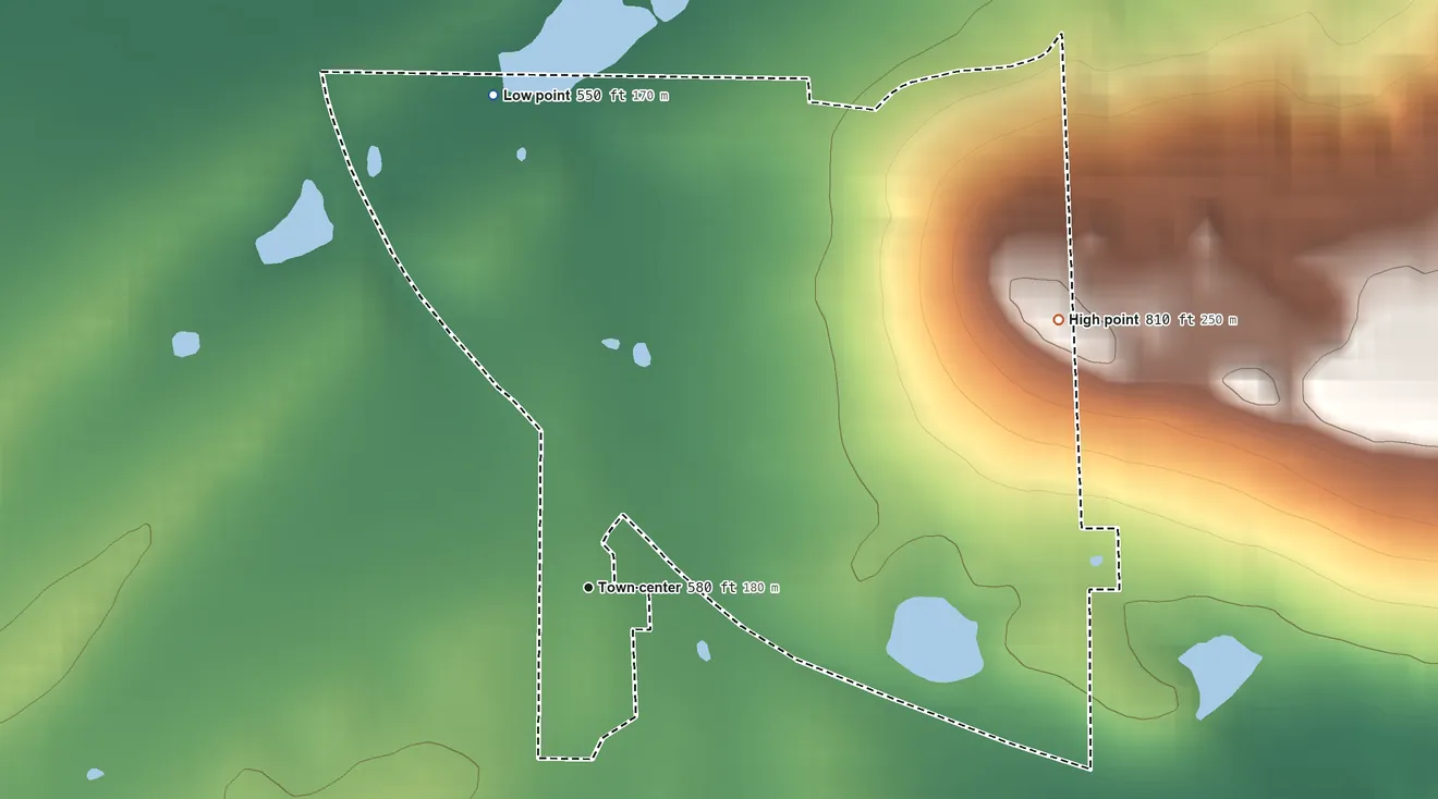 Topographic elevation map of Hanson, Oklahoma, shaded from 550 ft on the north side to 810 ft on the northeast side