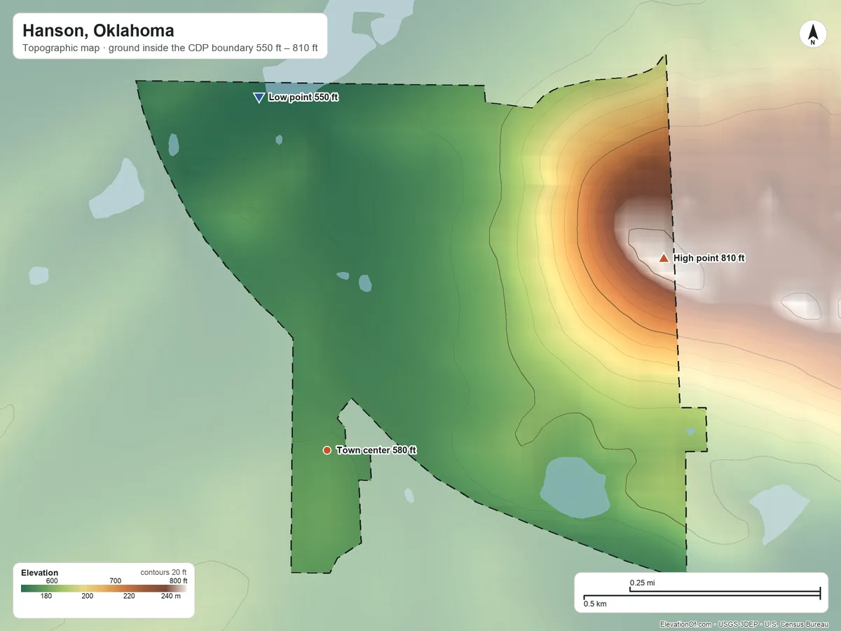 Topographic elevation map of Hanson, Oklahoma, shaded from 550 ft on the north side to 810 ft on the northeast side