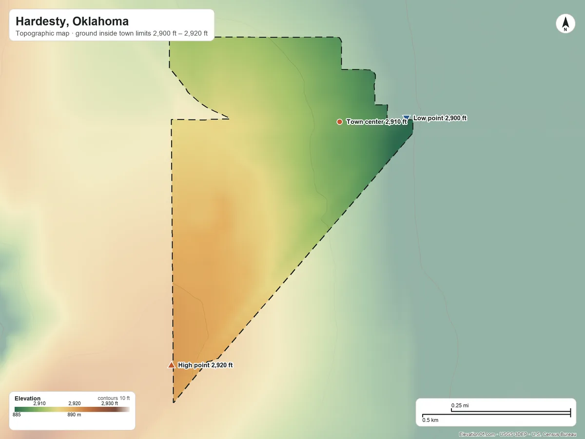Topographic elevation map of Hardesty, Oklahoma, shaded from 2,900 ft on the east side to 2,920 ft on the southwest side