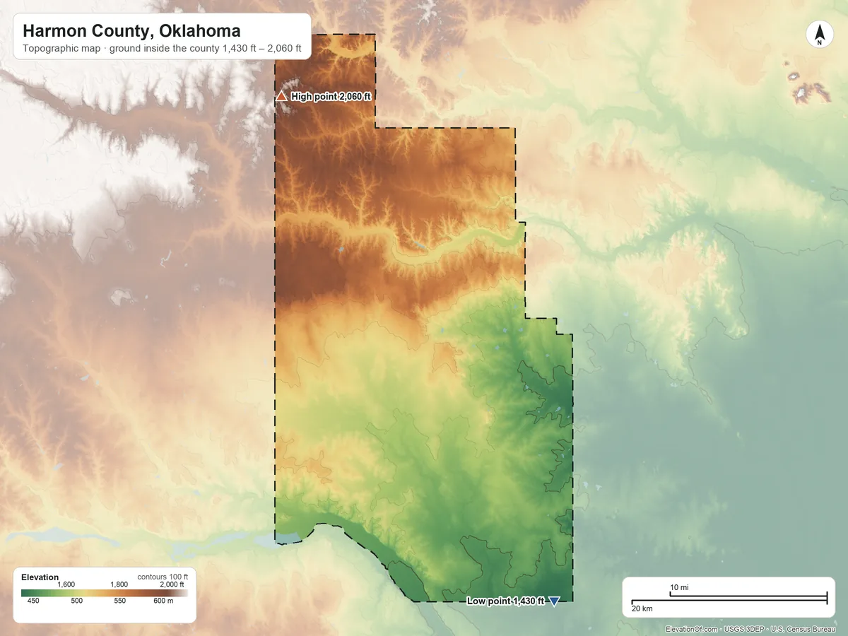 Topographic elevation map of Harmon County, Oklahoma, shaded from 1,430 ft on the southeast side to 2,060 ft on the northwest side