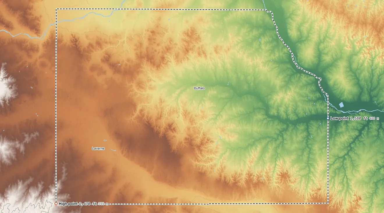 Topographic elevation map of Harper County, Oklahoma, shaded from 1,580 ft on the east side to 2,470 ft on the southwest side