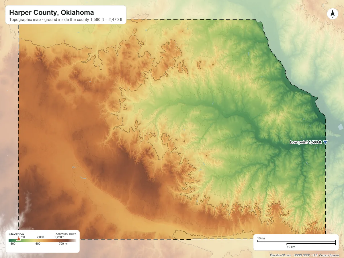 Topographic elevation map of Harper County, Oklahoma, shaded from 1,580 ft on the east side to 2,470 ft on the southwest side