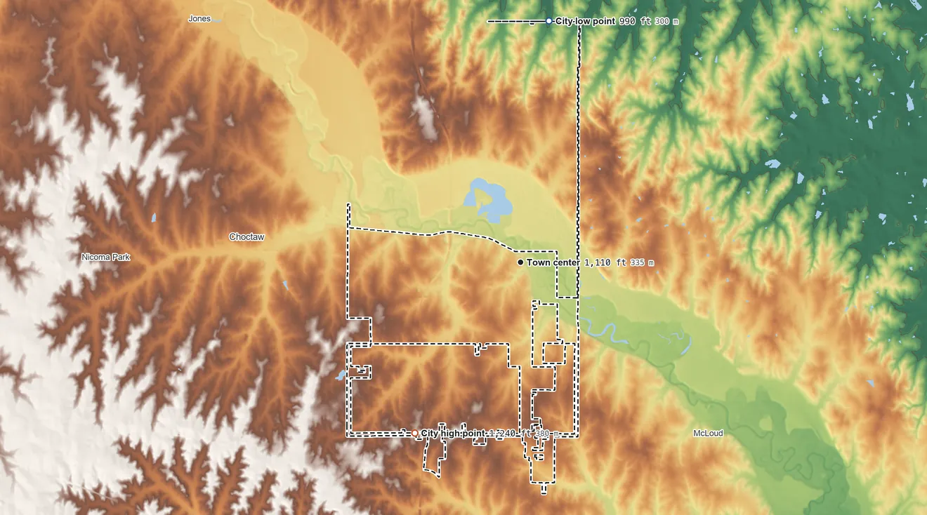 Topographic elevation map of Harrah, Oklahoma, shaded from 990 ft on the north side to 1,240 ft on the southwest side