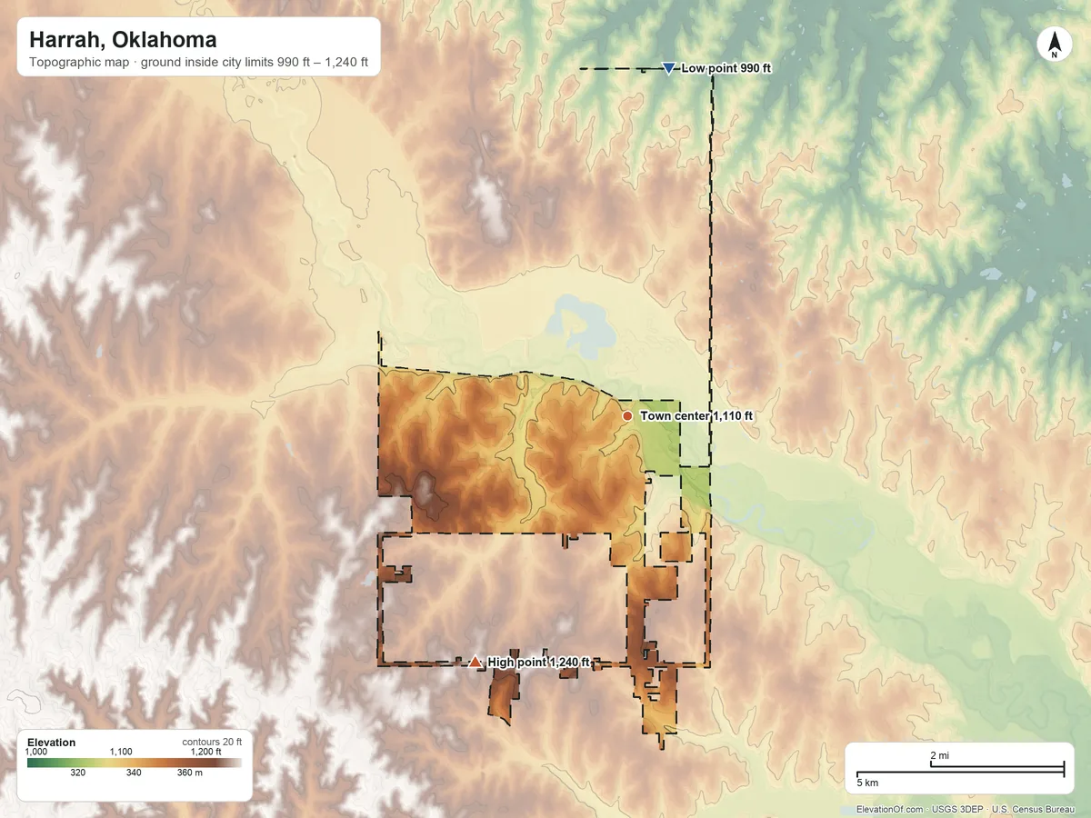 Topographic elevation map of Harrah, Oklahoma, shaded from 990 ft on the north side to 1,240 ft on the southwest side