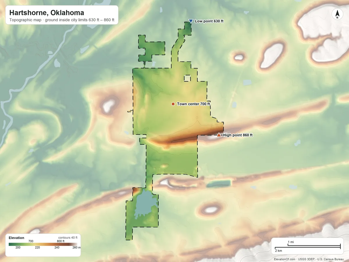 Topographic elevation map of Hartshorne, Oklahoma, shaded from 630 ft on the north side to 860 ft on the southeast side