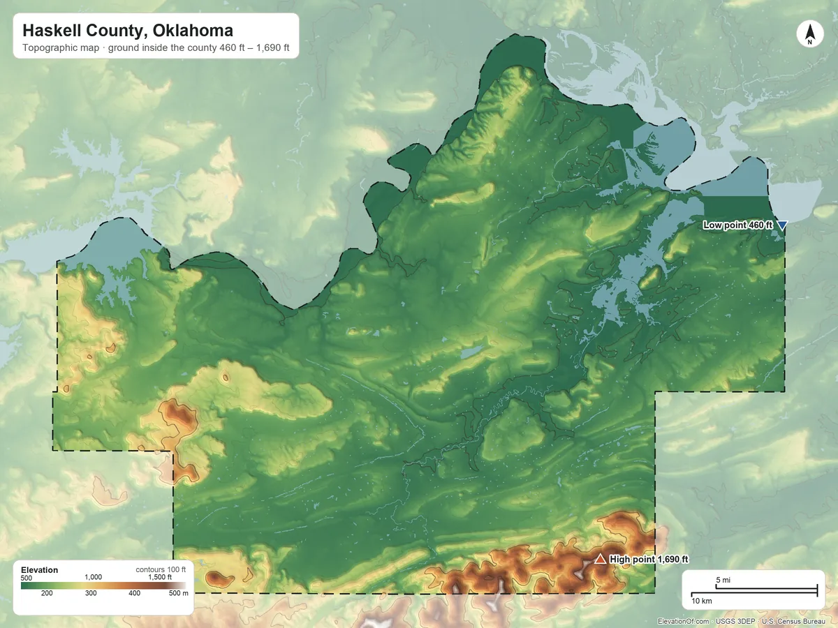 Topographic elevation map of Haskell County, Oklahoma, shaded from 460 ft on the east side to 1,690 ft on Sans Bois Mountain