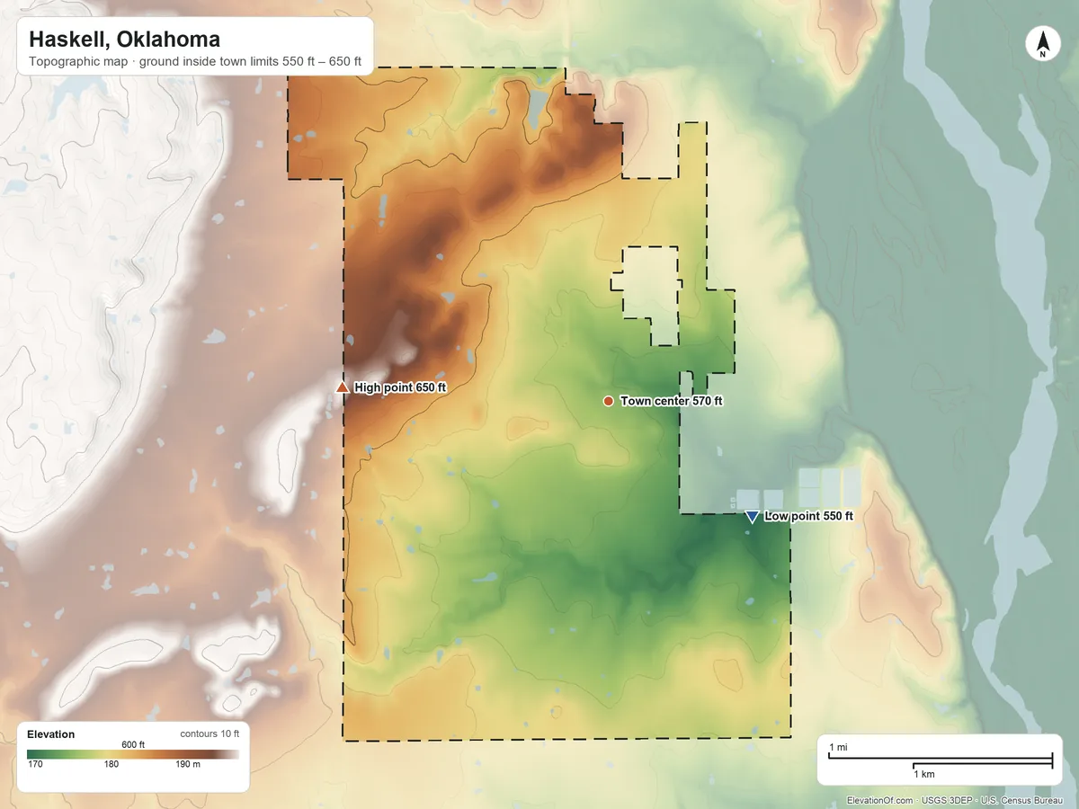 Topographic elevation map of Haskell, Oklahoma, shaded from 550 ft on the southeast side to 650 ft on the west side