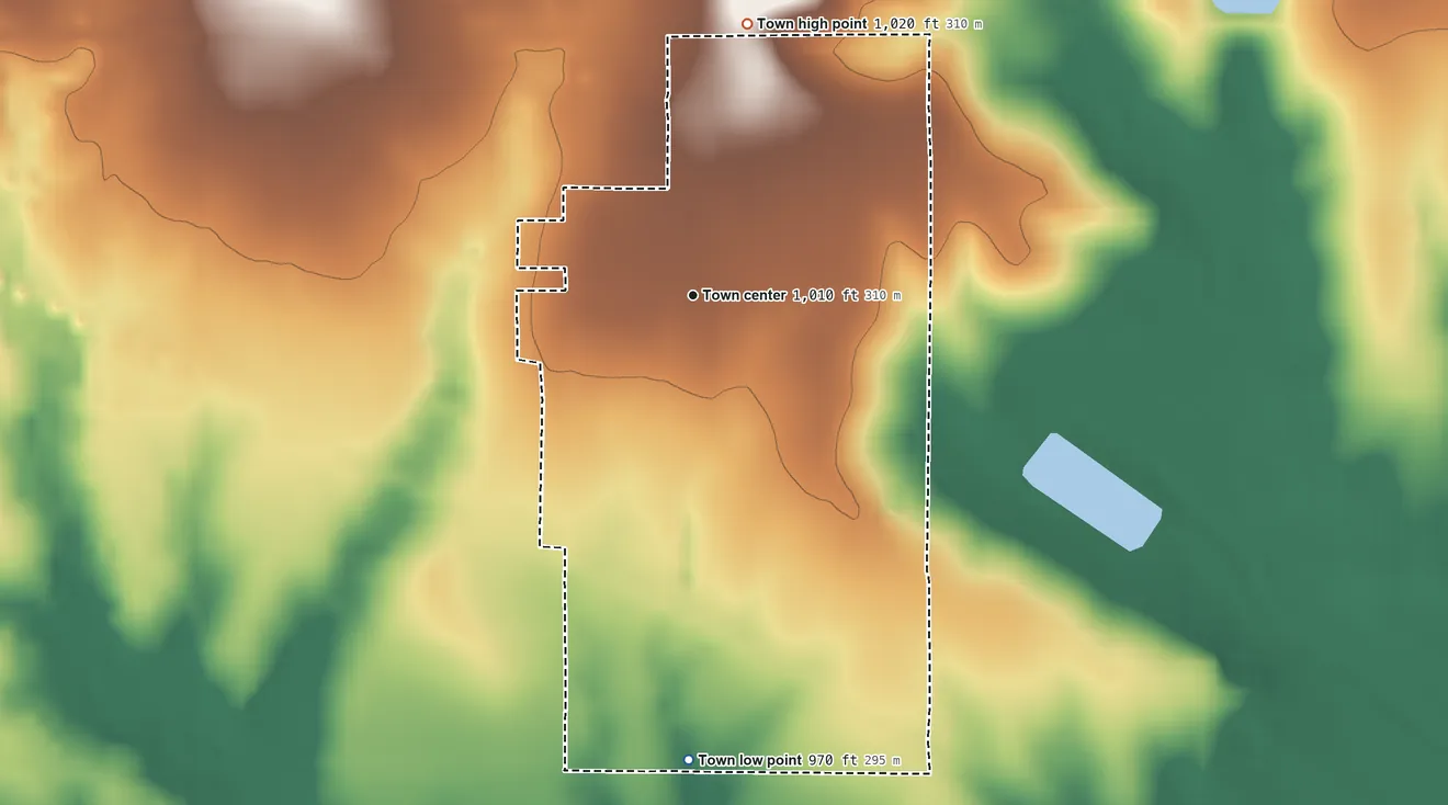 Topographic elevation map of Hastings, Oklahoma, shaded from 970 ft on the south side to 1,020 ft on the north side