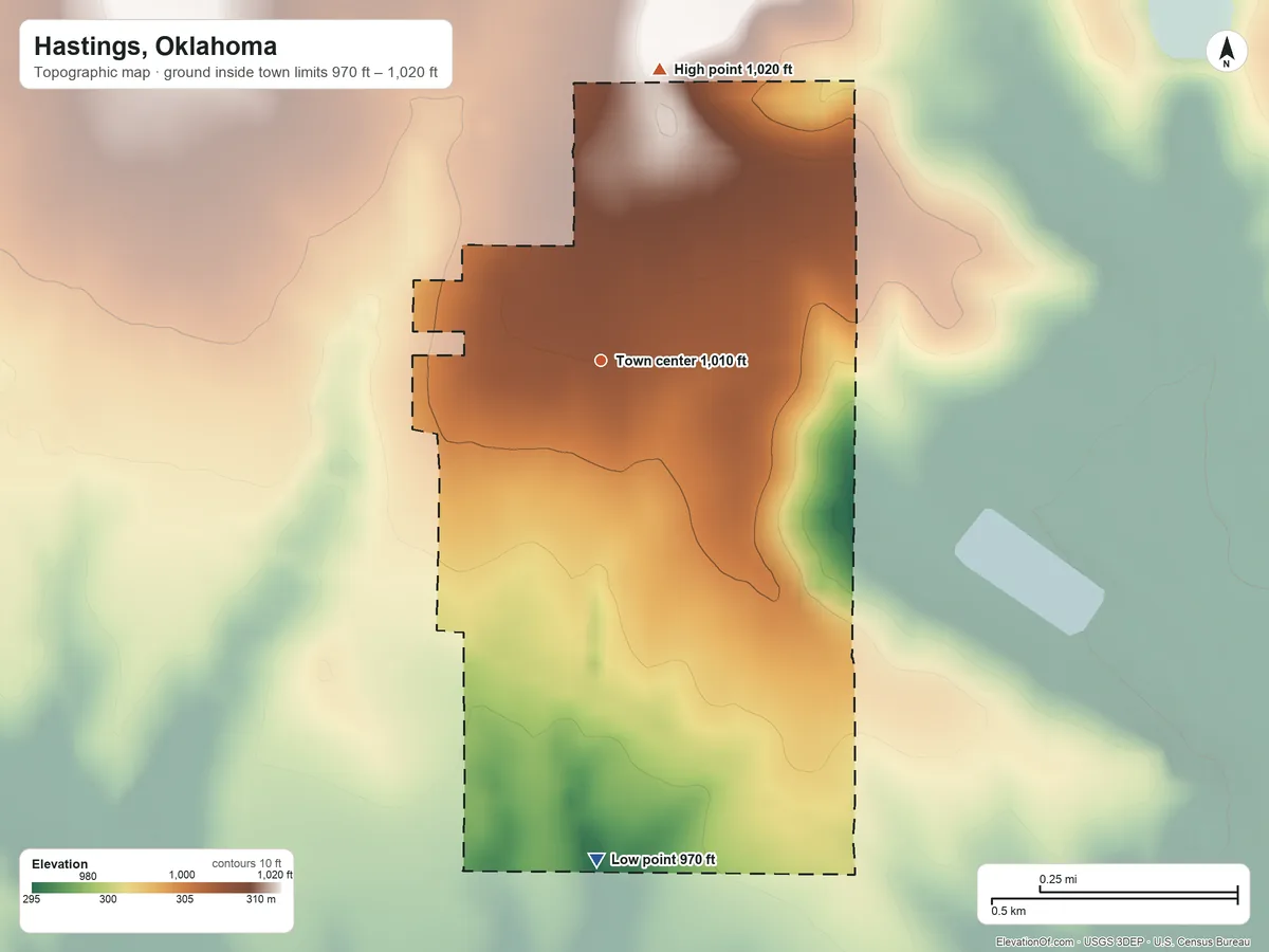 Topographic elevation map of Hastings, Oklahoma, shaded from 970 ft on the south side to 1,020 ft on the north side