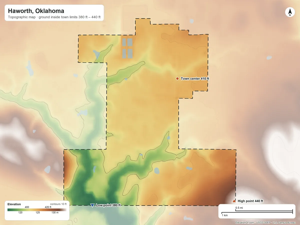 Topographic elevation map of Haworth, Oklahoma, shaded from 380 ft on the southwest side to 440 ft on the southeast side