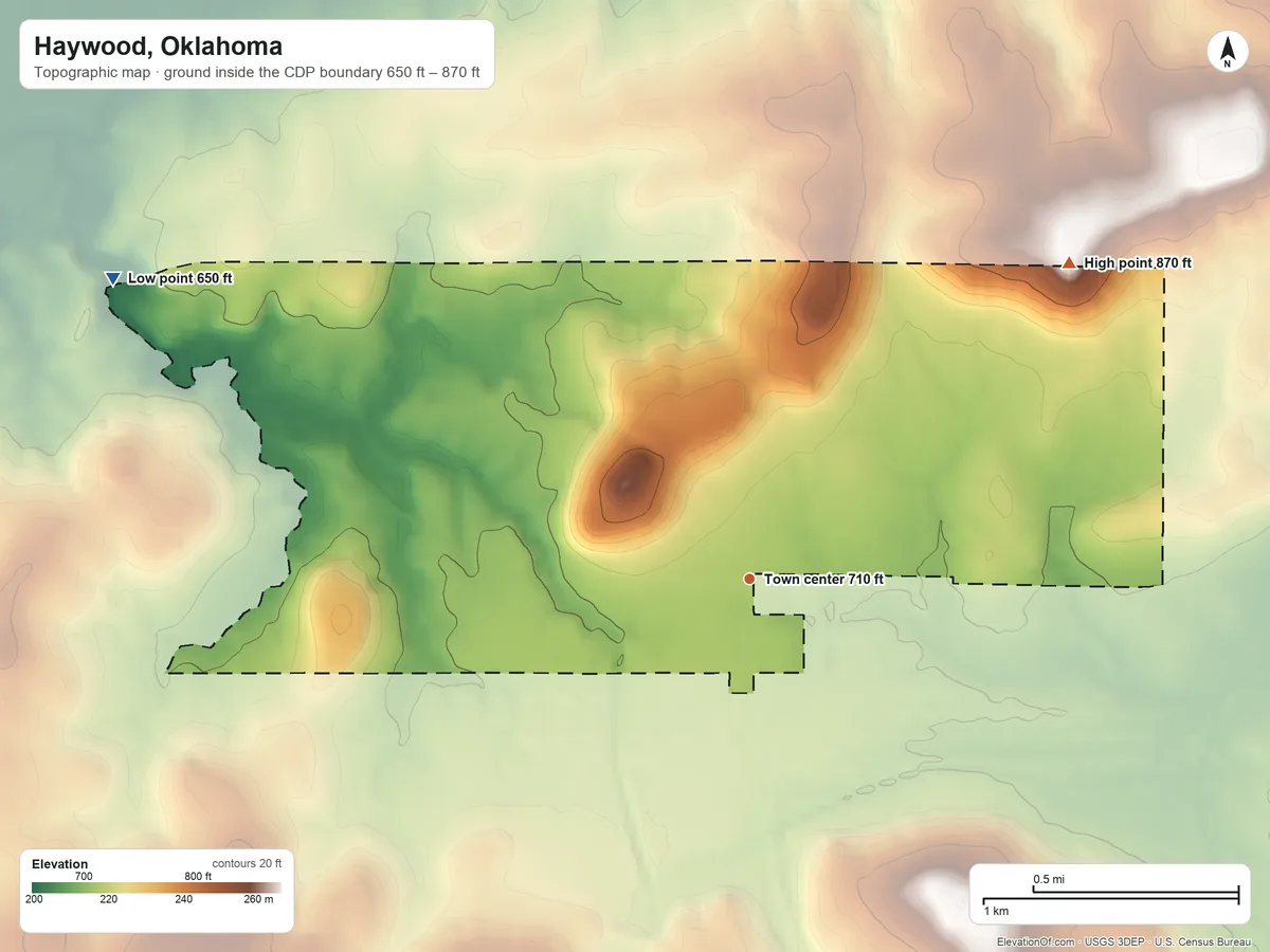 Topographic elevation map of Haywood, Oklahoma, shaded from 650 ft on the northwest side to 870 ft on the northeast side