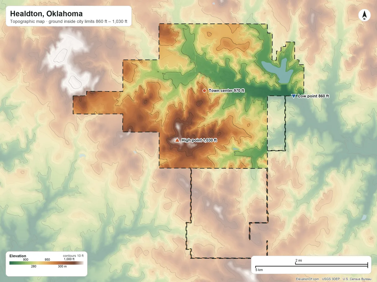 Topographic elevation map of Healdton, Oklahoma, shaded from 860 ft on the east side to 1,030 ft on the southwest side