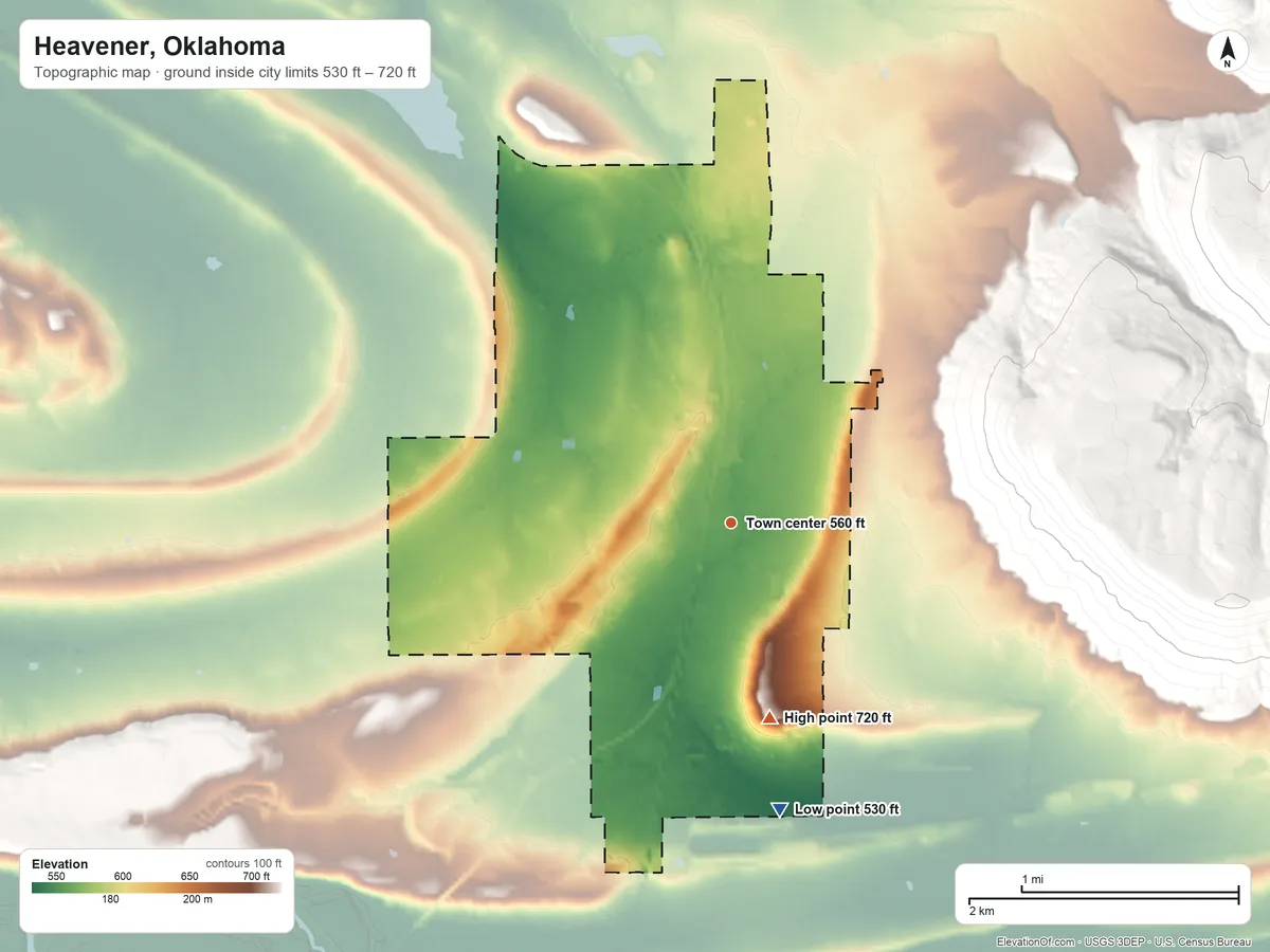 Topographic elevation map of Heavener, Oklahoma, shaded from 530 ft on the south side to 720 ft at the foot of the Sugar Loaf Mountains