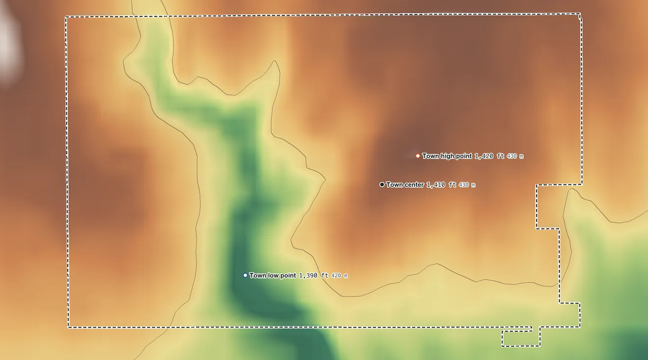Topographic elevation map of Helena, Oklahoma, shaded from 1,390 ft on the southwest side to 1,420 ft near the middle