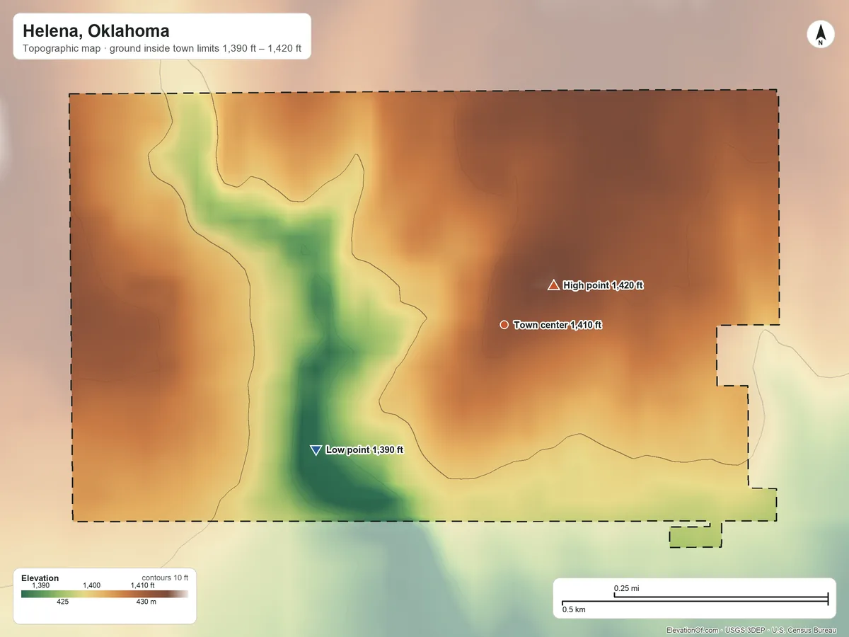 Topographic elevation map of Helena, Oklahoma, shaded from 1,390 ft on the southwest side to 1,420 ft near the middle
