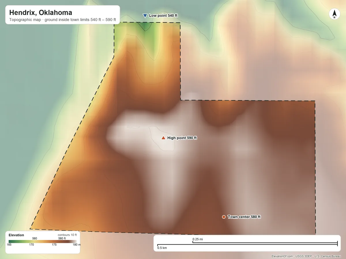 Topographic elevation map of Hendrix, Oklahoma, shaded from 540 ft on the north side to 590 ft on the northwest side
