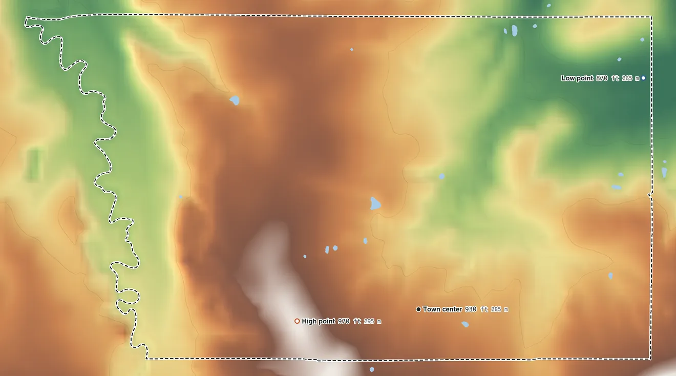 Topographic elevation map of Hennepin, Oklahoma, shaded from 870 ft on the northeast side to 970 ft on the west side