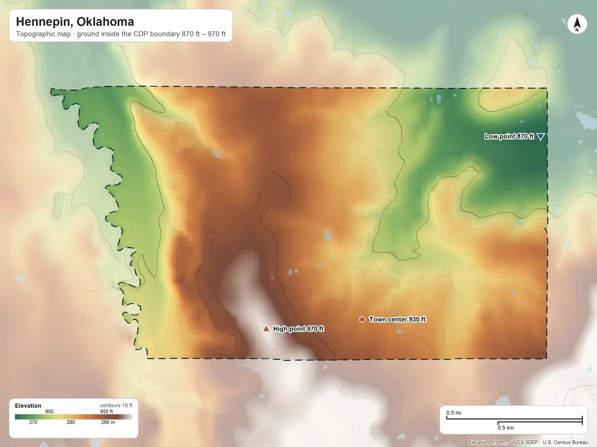 Topographic elevation map of Hennepin, Oklahoma, shaded from 870 ft on the northeast side to 970 ft on the west side