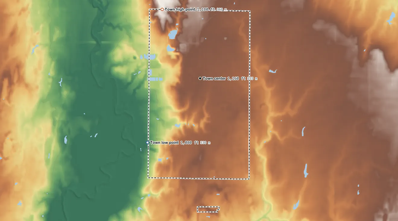 Topographic elevation map of Hennessey, Oklahoma, shaded from 1,080 ft on the southwest side to 1,180 ft on the northwest side