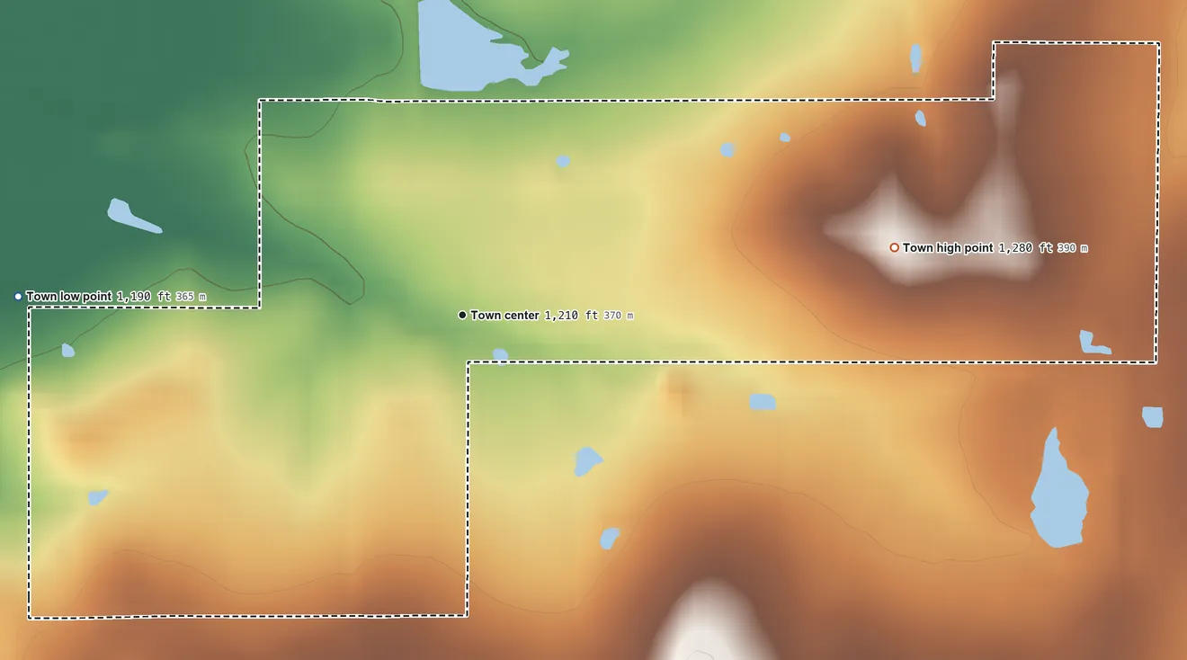Topographic elevation map of Hickory, Oklahoma, shaded from 1,190 ft on the west side to 1,280 ft on the east side
