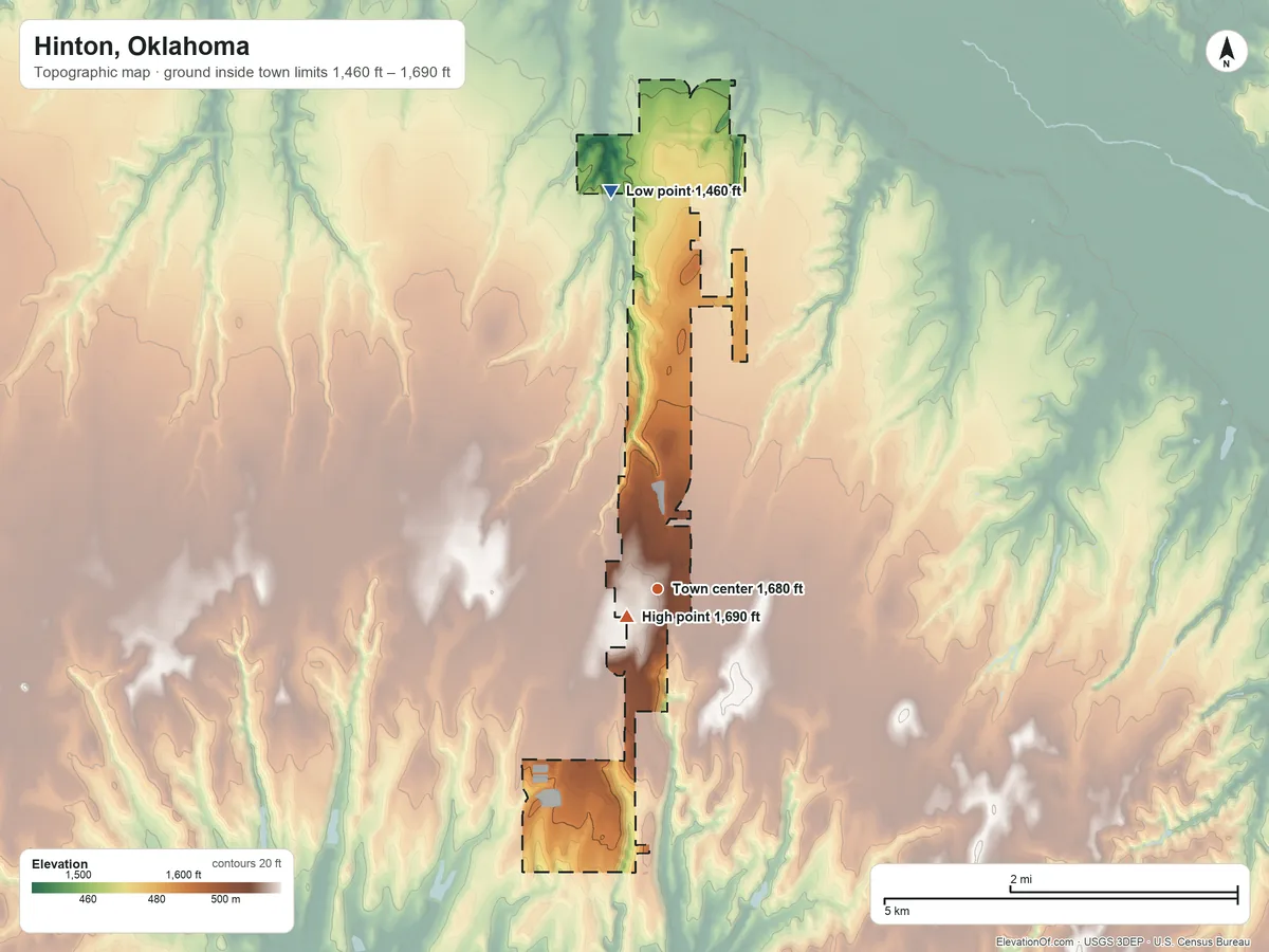 Topographic elevation map of Hinton, Oklahoma, shaded from 1,460 ft on the north side to 1,690 ft near the middle