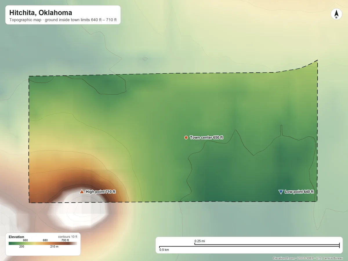 Topographic elevation map of Hitchita, Oklahoma, shaded from 640 ft on the southeast side to 710 ft on the southwest side