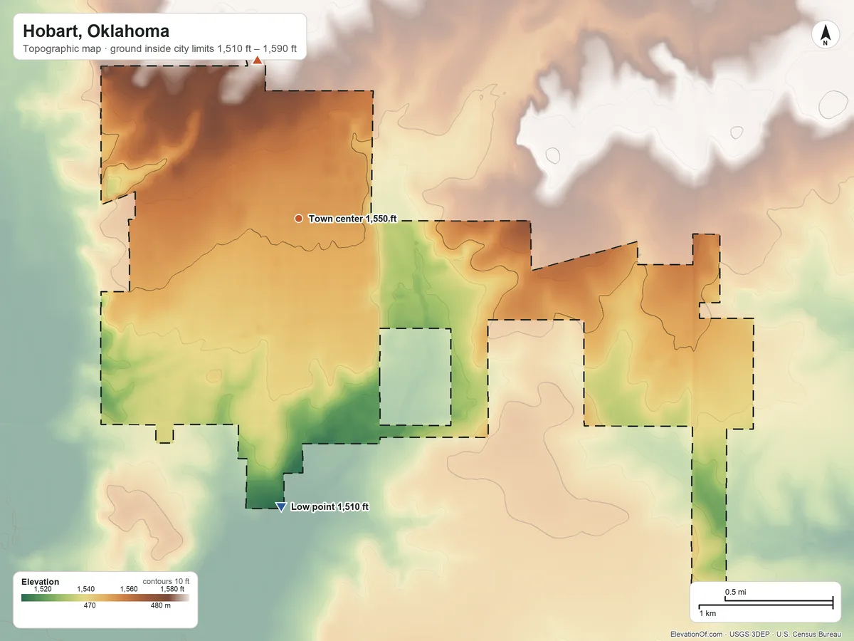 Topographic elevation map of Hobart, Oklahoma, shaded from 1,510 ft on the south side to 1,590 ft on the north side