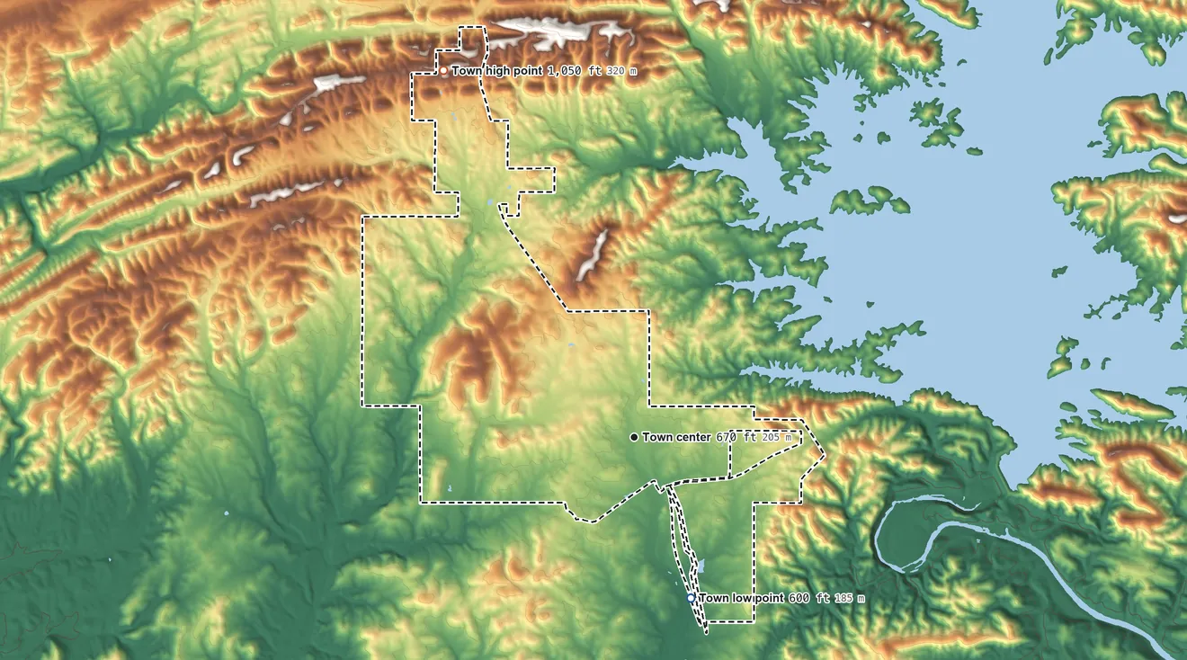 Topographic elevation map of Hochatown, Oklahoma, shaded from 600 ft on the south side to 1,050 ft on the northwest side