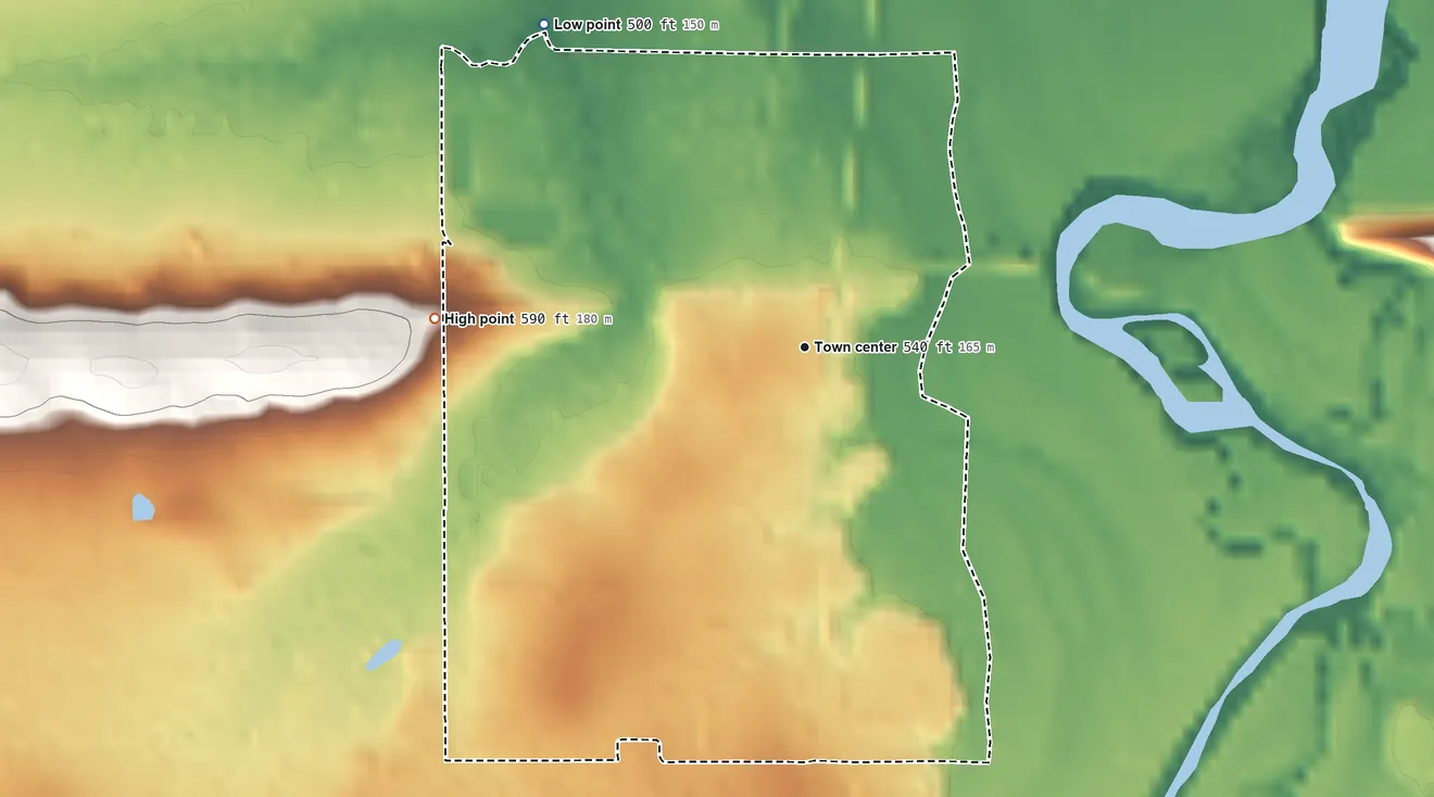Topographic elevation map of Hodgen, Oklahoma, shaded from 500 ft on the northwest side to 590 ft on the west side