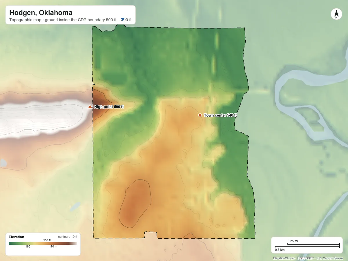 Topographic elevation map of Hodgen, Oklahoma, shaded from 500 ft on the northwest side to 590 ft on the west side