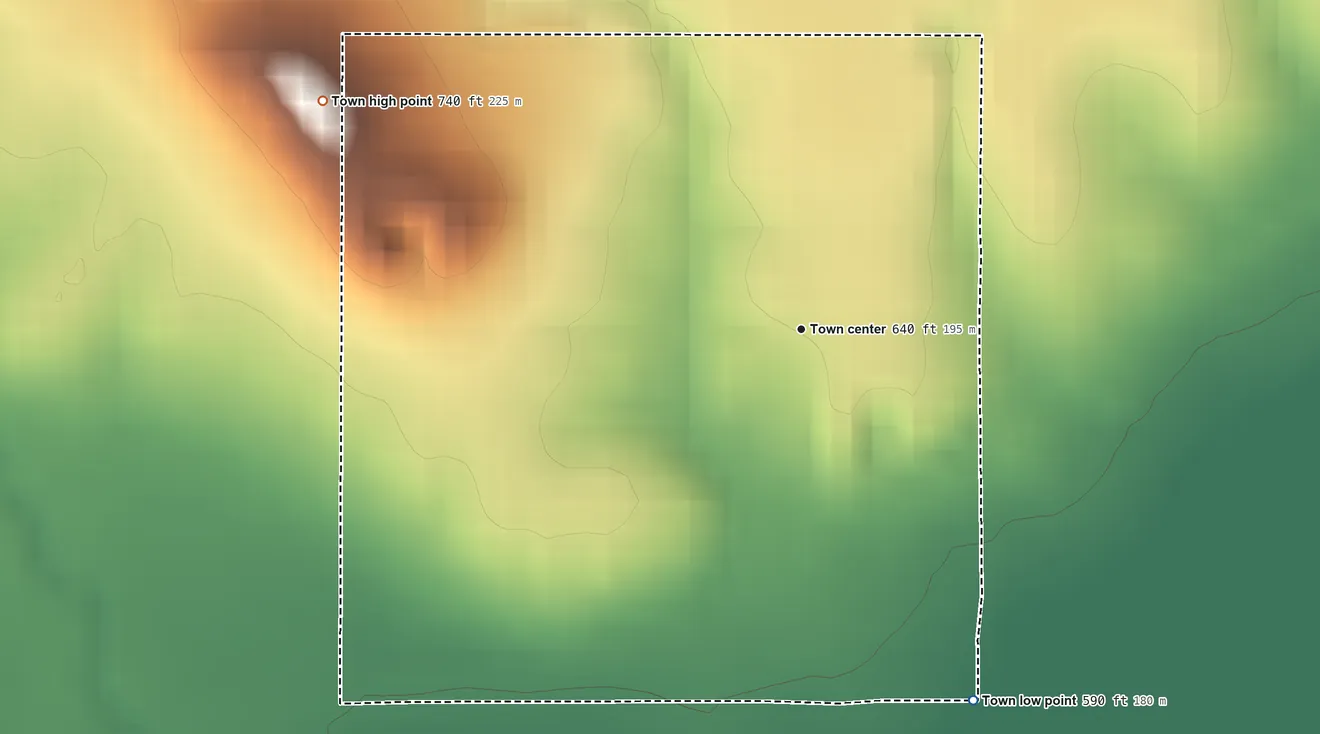 Topographic elevation map of Hoffman, Oklahoma, shaded from 590 ft on the southeast side to 740 ft on the northwest side