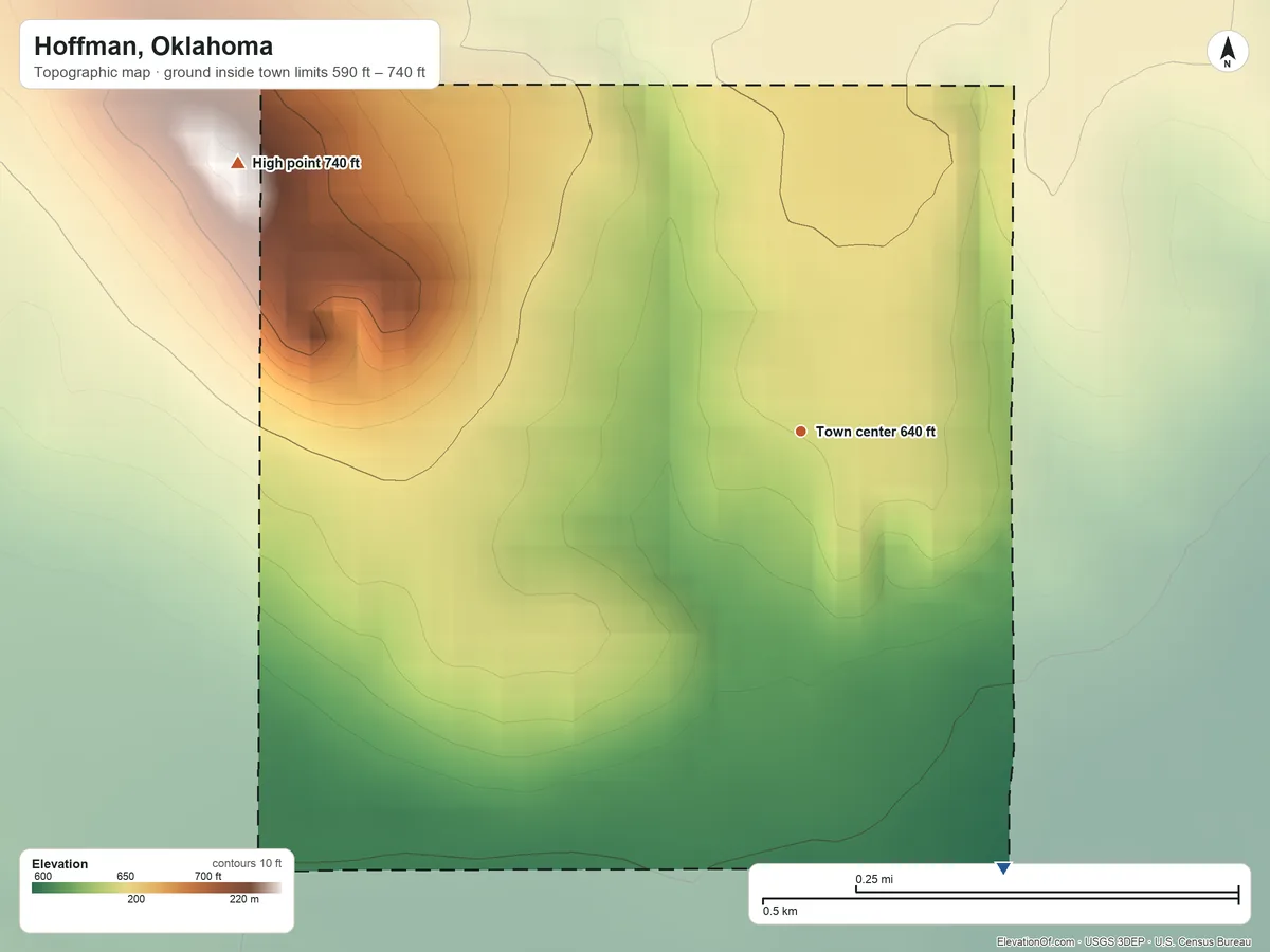Topographic elevation map of Hoffman, Oklahoma, shaded from 590 ft on the southeast side to 740 ft on the northwest side