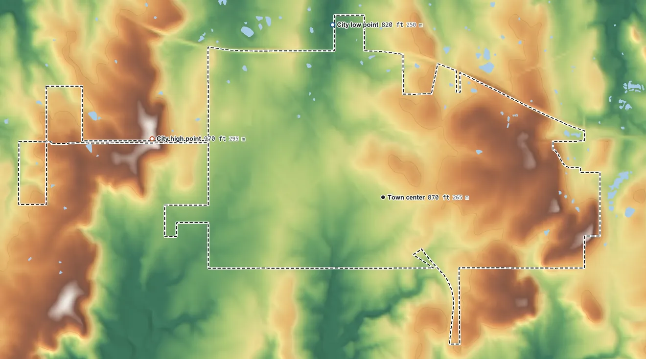 Topographic elevation map of Holdenville, Oklahoma, shaded from 820 ft on the north side to 970 ft on the west side