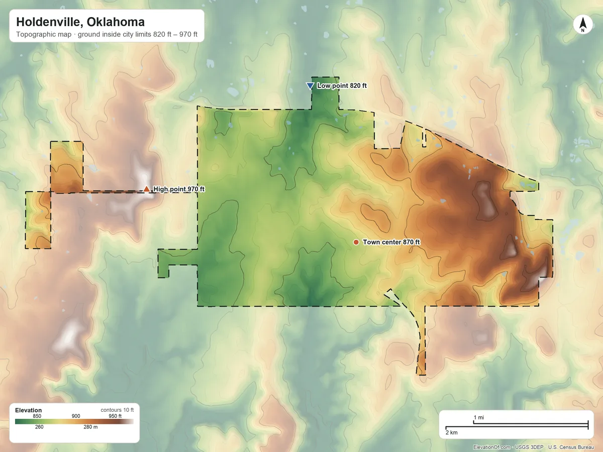 Topographic elevation map of Holdenville, Oklahoma, shaded from 820 ft on the north side to 970 ft on the west side