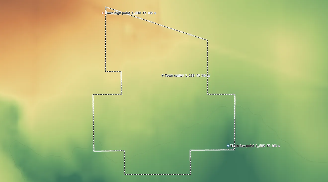 Topographic elevation map of Hollister, Oklahoma, shaded from 1,110 ft on the southeast side to 1,130 ft on the northwest side