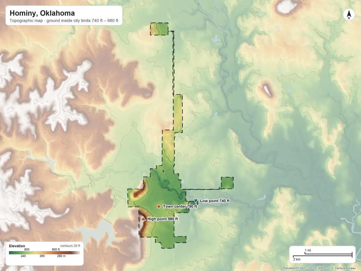 Topographic elevation map of Hominy, Oklahoma, shaded from 740 ft on the east side to 980 ft near the middle