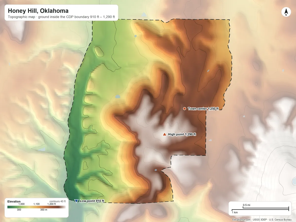 Topographic elevation map of Honey Hill, Oklahoma, shaded from 910 ft on the southwest side to 1,290 ft at the foot of the Brushy Mountains