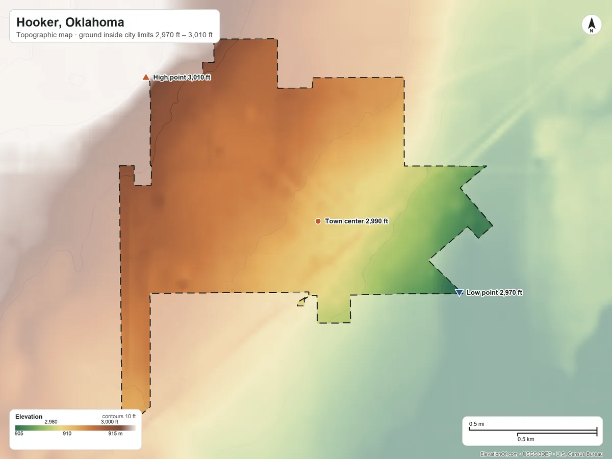 Topographic elevation map of Hooker, Oklahoma, shaded from 2,970 ft on the southeast side to 3,010 ft on the northwest side