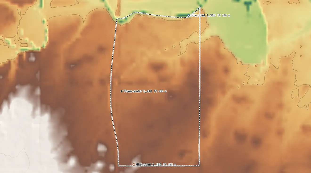 Topographic elevation map of Hopeton, Oklahoma, shaded from 1,380 ft on the northeast side to 1,430 ft on the south side