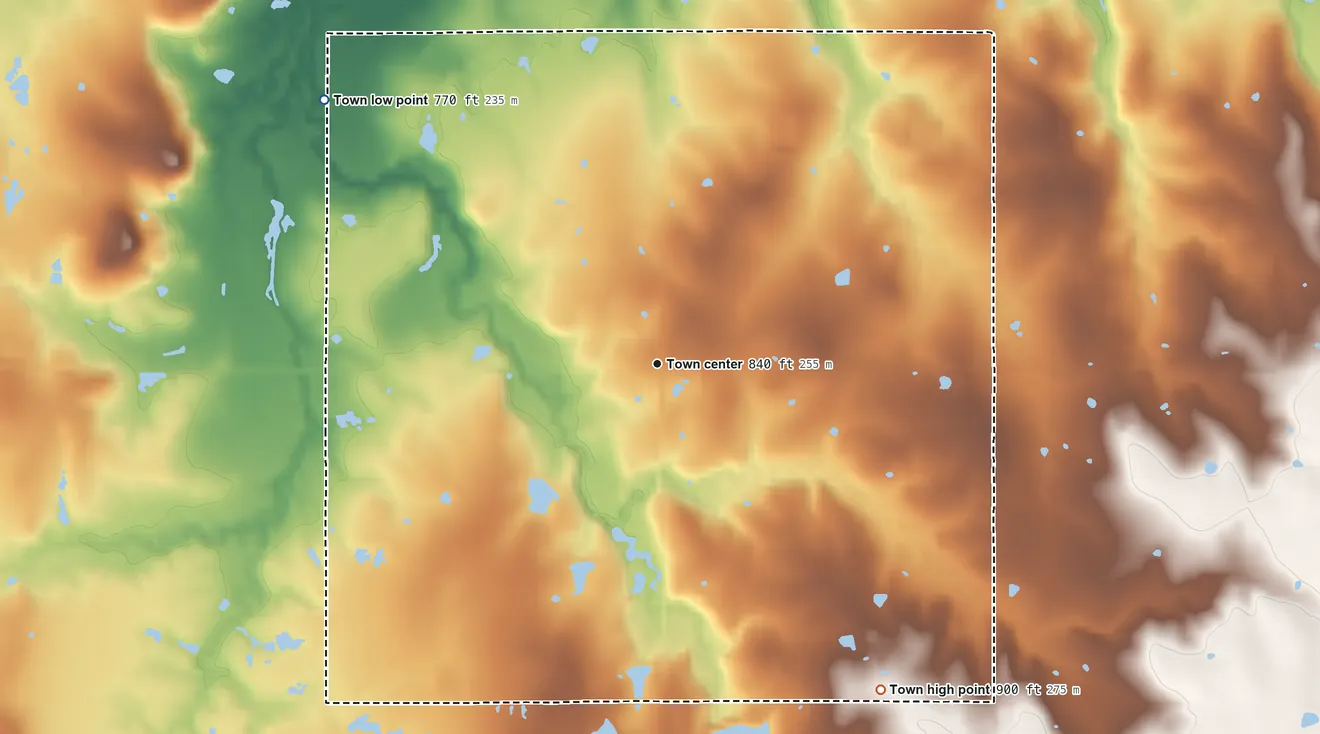 Topographic elevation map of Horntown, Oklahoma, shaded from 770 ft on the northwest side to 900 ft on the southeast side